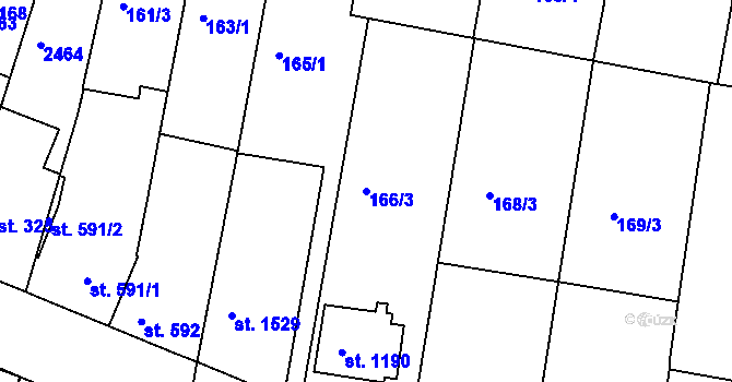 Parcela st. 166/3 v KÚ Rosice u Brna, Katastrální mapa
