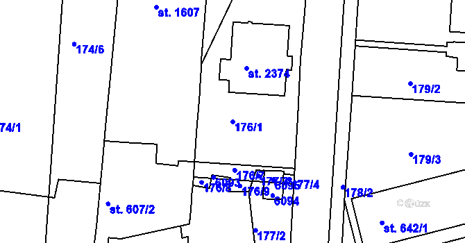 Parcela st. 176/1 v KÚ Rosice u Brna, Katastrální mapa