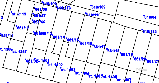 Parcela st. 661/16 v KÚ Rosice u Brna, Katastrální mapa