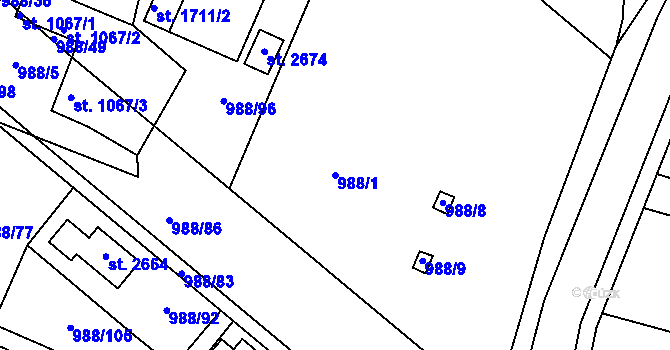 Parcela st. 988/1 v KÚ Rosice u Brna, Katastrální mapa