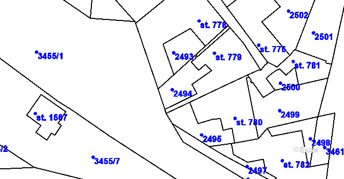 Parcela st. 2494 v KÚ Rosice u Brna, Katastrální mapa