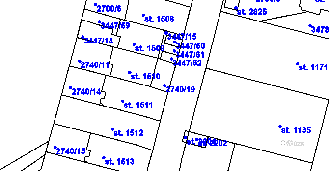 Parcela st. 2740/19 v KÚ Rosice u Brna, Katastrální mapa
