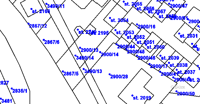 Parcela st. 2900/14 v KÚ Rosice u Brna, Katastrální mapa