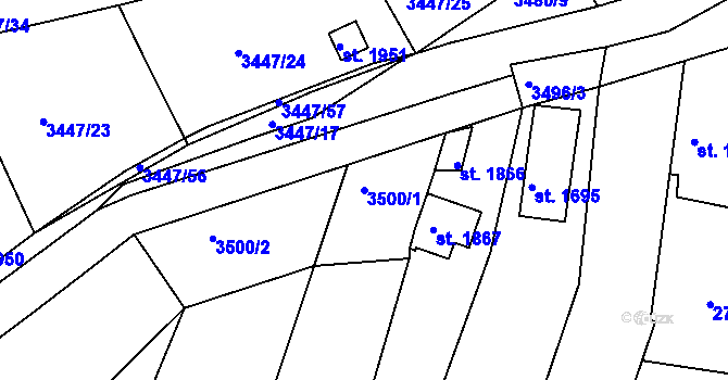 Parcela st. 3500/1 v KÚ Rosice u Brna, Katastrální mapa