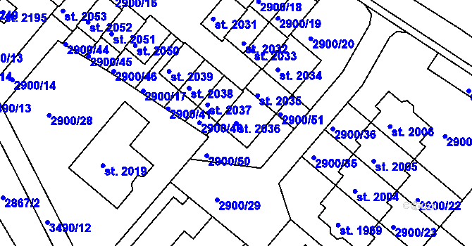 Parcela st. 2036 v KÚ Rosice u Brna, Katastrální mapa