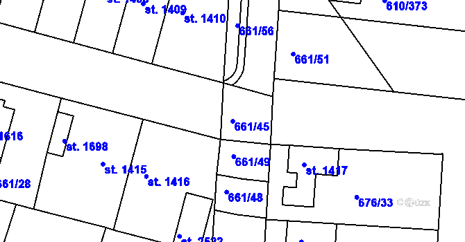 Parcela st. 661/45 v KÚ Rosice u Brna, Katastrální mapa