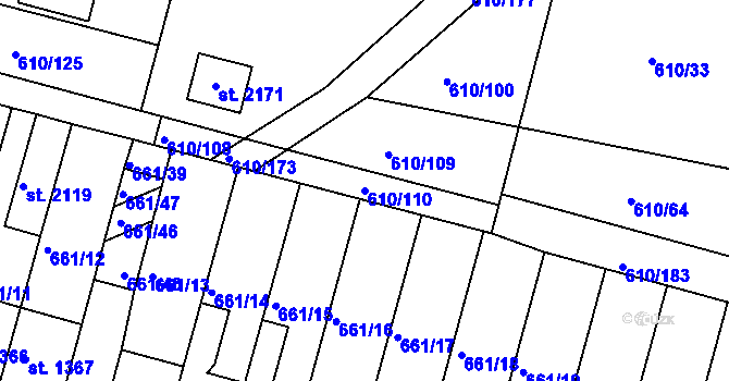 Parcela st. 610/110 v KÚ Rosice u Brna, Katastrální mapa