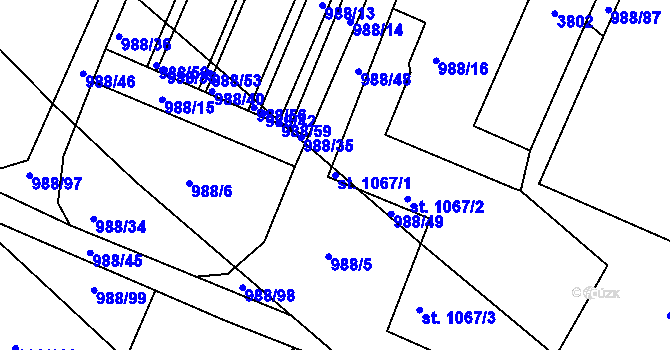 Parcela st. 1067/1 v KÚ Rosice u Brna, Katastrální mapa