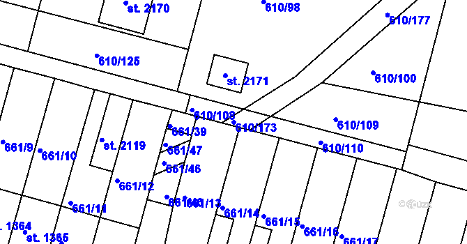Parcela st. 610/173 v KÚ Rosice u Brna, Katastrální mapa