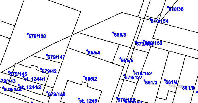 Parcela st. 655/4 v KÚ Rosice u Brna, Katastrální mapa