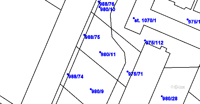 Parcela st. 980/11 v KÚ Rosice u Brna, Katastrální mapa