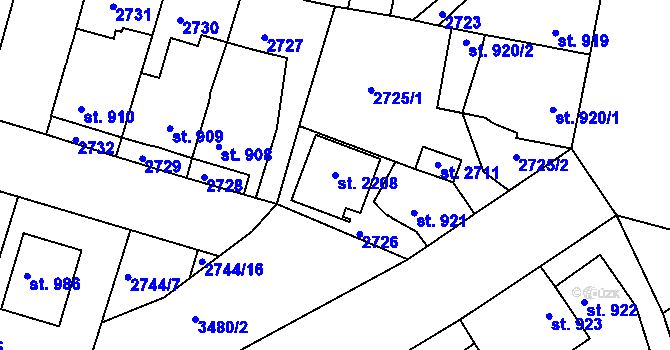 Parcela st. 2208 v KÚ Rosice u Brna, Katastrální mapa