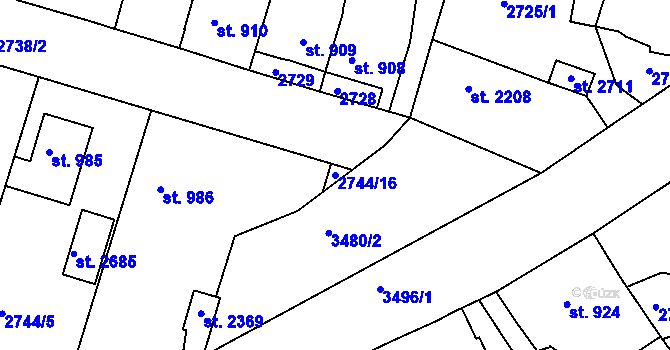 Parcela st. 2744/16 v KÚ Rosice u Brna, Katastrální mapa