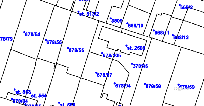 Parcela st. 678/105 v KÚ Rosice u Brna, Katastrální mapa