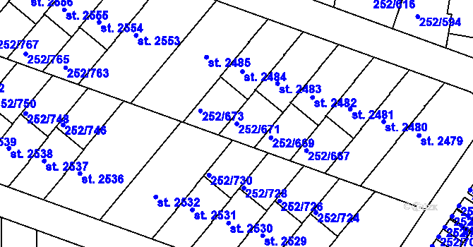 Parcela st. 252/671 v KÚ Rosice u Brna, Katastrální mapa