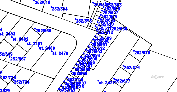 Parcela st. 252/692 v KÚ Rosice u Brna, Katastrální mapa