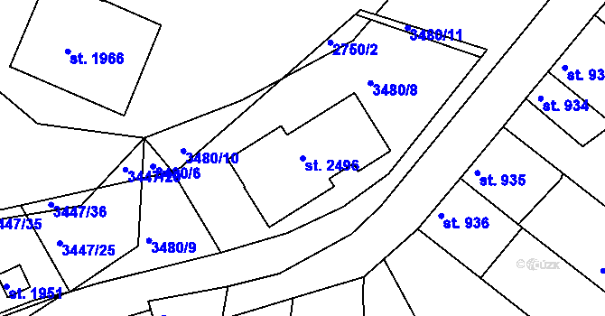 Parcela st. 2496 v KÚ Rosice u Brna, Katastrální mapa
