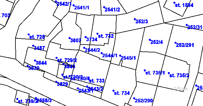 Parcela st. 2544/1 v KÚ Rosice u Brna, Katastrální mapa