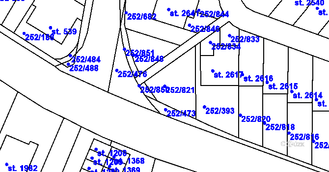 Parcela st. 252/821 v KÚ Rosice u Brna, Katastrální mapa