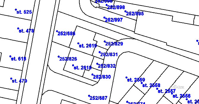 Parcela st. 252/831 v KÚ Rosice u Brna, Katastrální mapa