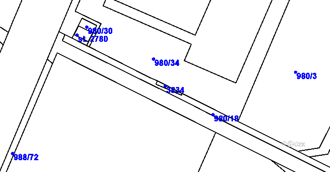 Parcela st. 3834 v KÚ Rosice u Brna, Katastrální mapa