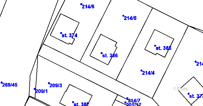 Parcela st. 386 v KÚ Rosovice, Katastrální mapa