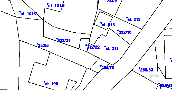 Parcela st. 332/22 v KÚ Rosovice, Katastrální mapa