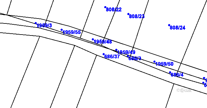 Parcela st. 686/37 v KÚ Rosovice, Katastrální mapa