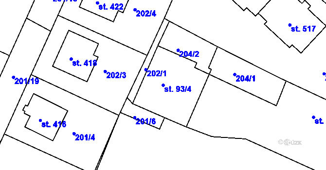 Parcela st. 93/4 v KÚ Rosovice, Katastrální mapa