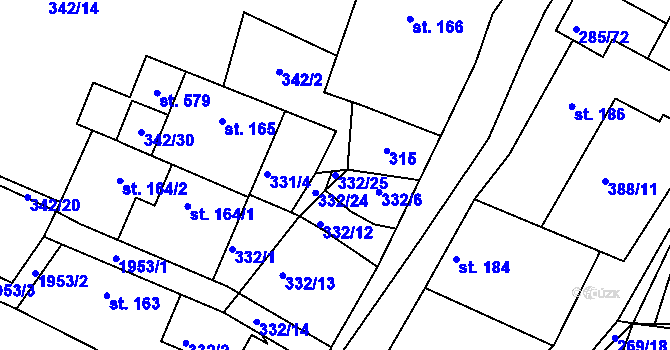 Parcela st. 332/25 v KÚ Rosovice, Katastrální mapa