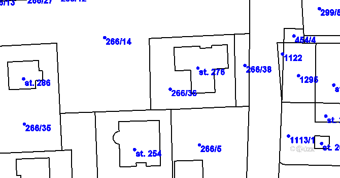 Parcela st. 266/36 v KÚ Rostěnice, Katastrální mapa