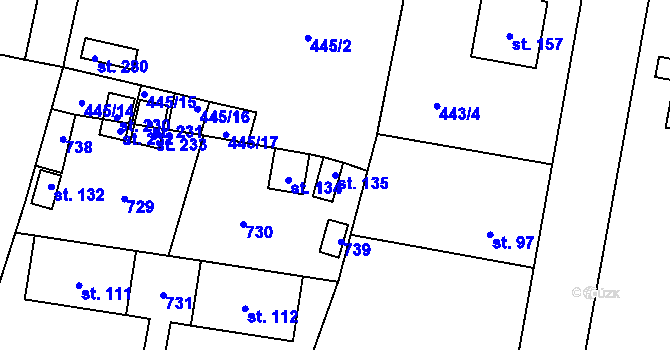 Parcela st. 135 v KÚ Rostoklaty, Katastrální mapa