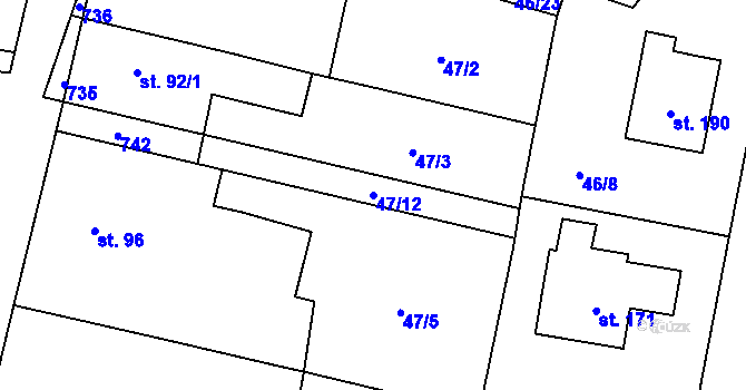 Parcela st. 47/12 v KÚ Rostoklaty, Katastrální mapa