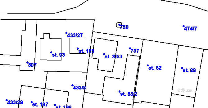 Parcela st. 83/3 v KÚ Rostoklaty, Katastrální mapa
