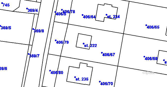 Parcela st. 222 v KÚ Rostoklaty, Katastrální mapa