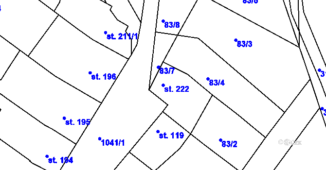 Parcela st. 222 v KÚ Roštění, Katastrální mapa