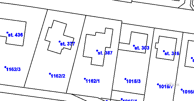 Parcela st. 387 v KÚ Roštění, Katastrální mapa