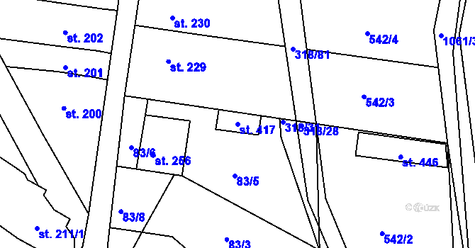 Parcela st. 417 v KÚ Roštění, Katastrální mapa