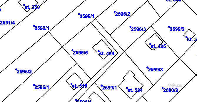 Parcela st. 424 v KÚ Roštín, Katastrální mapa