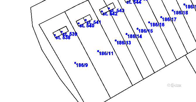 Parcela st. 186/11 v KÚ Roštín, Katastrální mapa