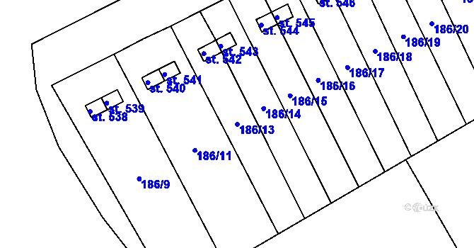 Parcela st. 186/13 v KÚ Roštín, Katastrální mapa