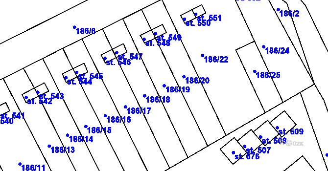 Parcela st. 186/19 v KÚ Roštín, Katastrální mapa