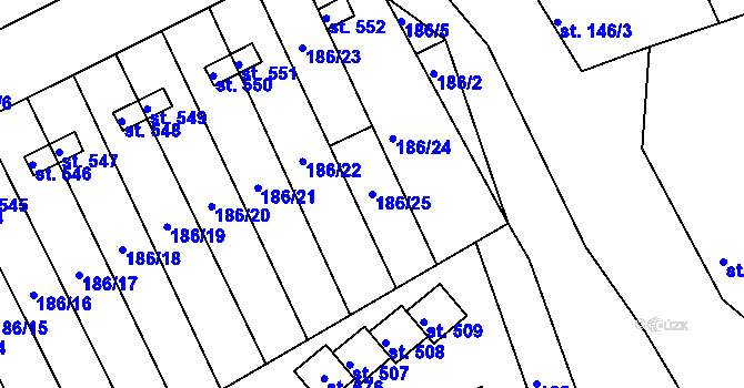 Parcela st. 186/25 v KÚ Roštín, Katastrální mapa