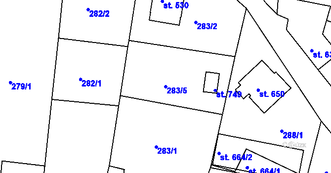 Parcela st. 283/5 v KÚ Roštín, Katastrální mapa