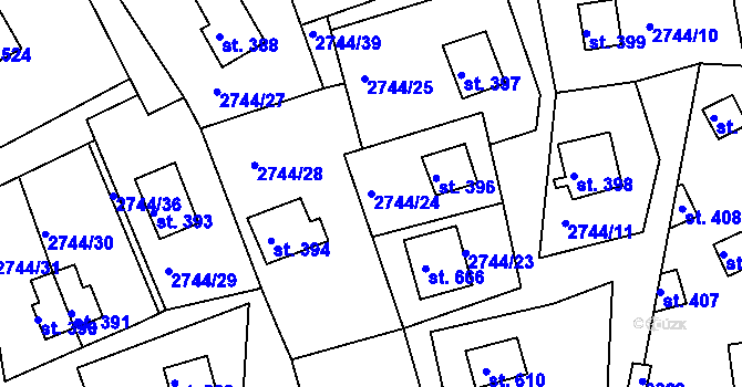 Parcela st. 2744/24 v KÚ Roštín, Katastrální mapa
