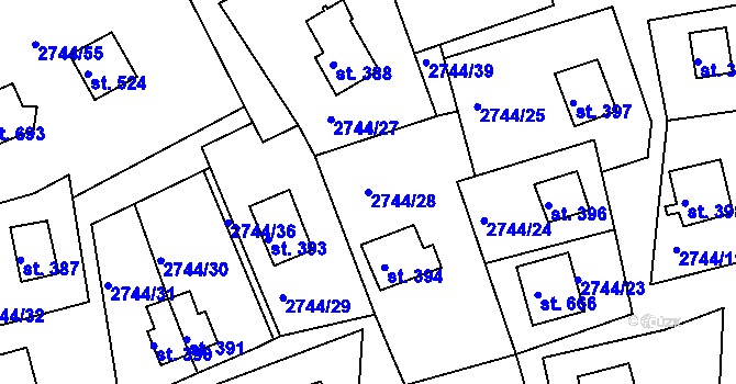 Parcela st. 2744/28 v KÚ Roštín, Katastrální mapa