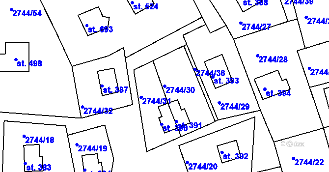 Parcela st. 2744/30 v KÚ Roštín, Katastrální mapa