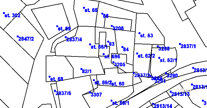 Parcela st. 696 v KÚ Roštín, Katastrální mapa
