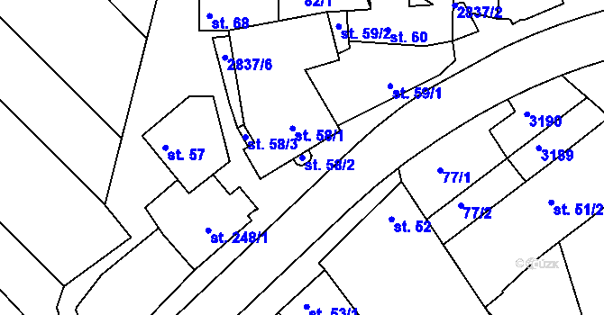 Parcela st. 58/2 v KÚ Roštín, Katastrální mapa