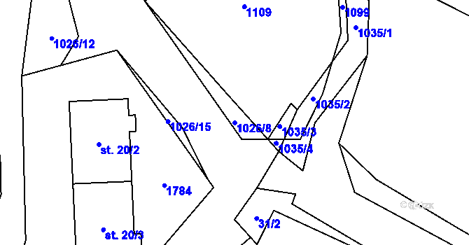 Parcela st. 1026/8 v KÚ Roučkovice, Katastrální mapa